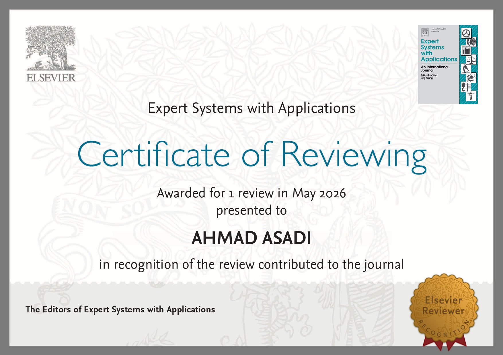 Certificate of reviewing for Expert Systems with Applications from Elsevier
